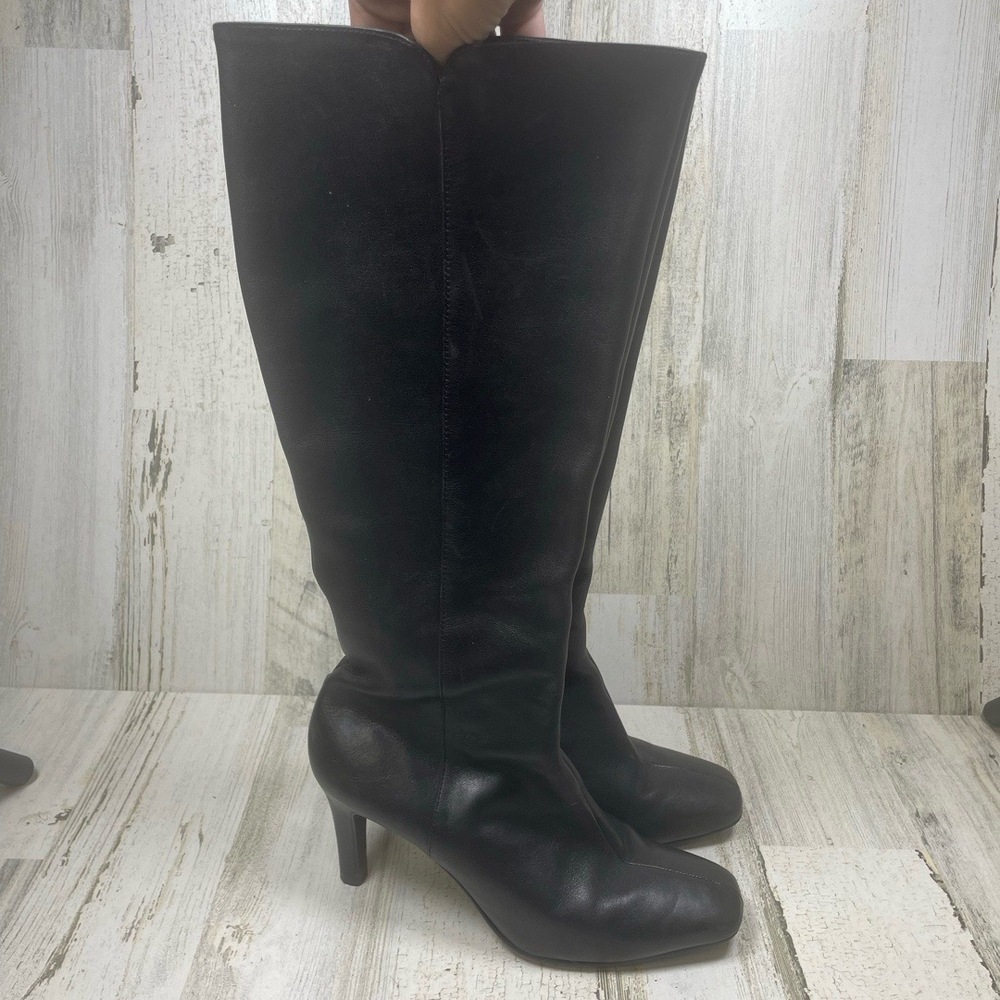 ANTONIO MELANI Black Knee High Square‎ Toe Heeled Smooth Leather Boots size 7.5 - Picture 5 of 10